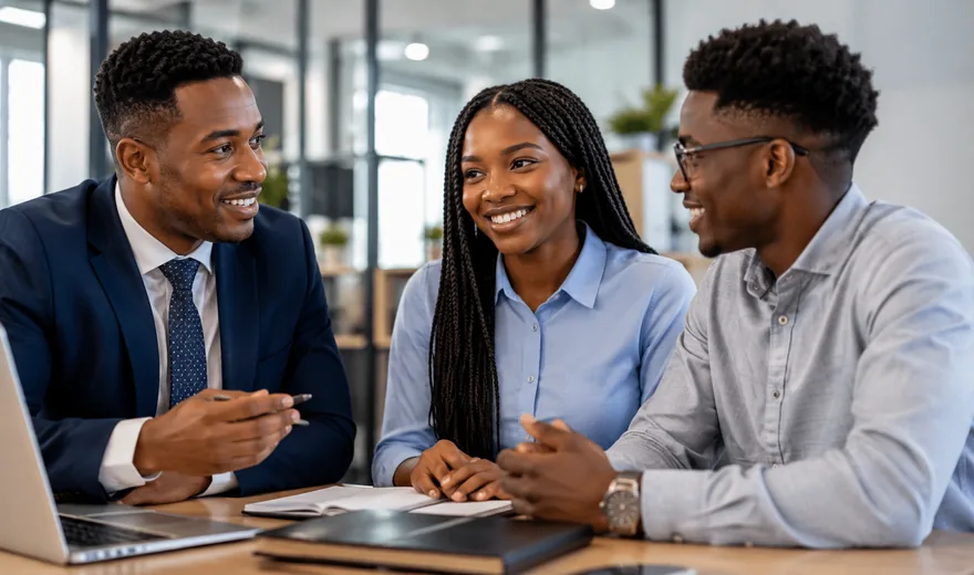 African professionals discussing verified opportunities