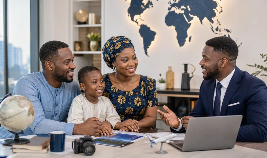 West African family consulting a migration specialist